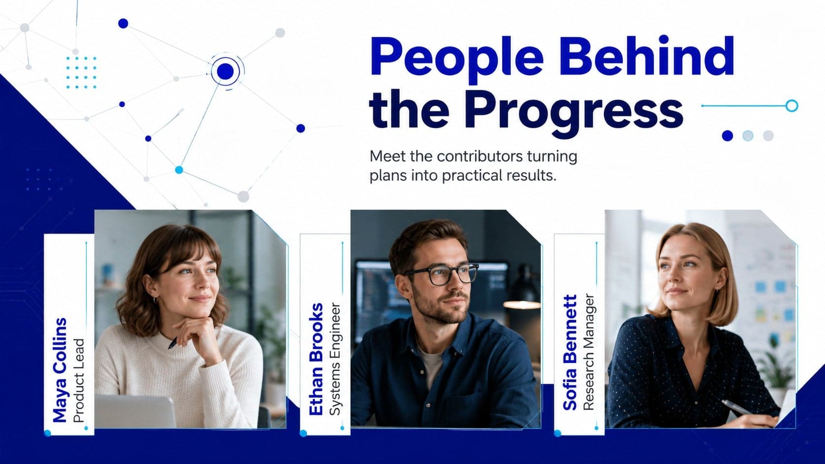 Internal technology newsletter template slide profiling three contributors with original professional portraits.
