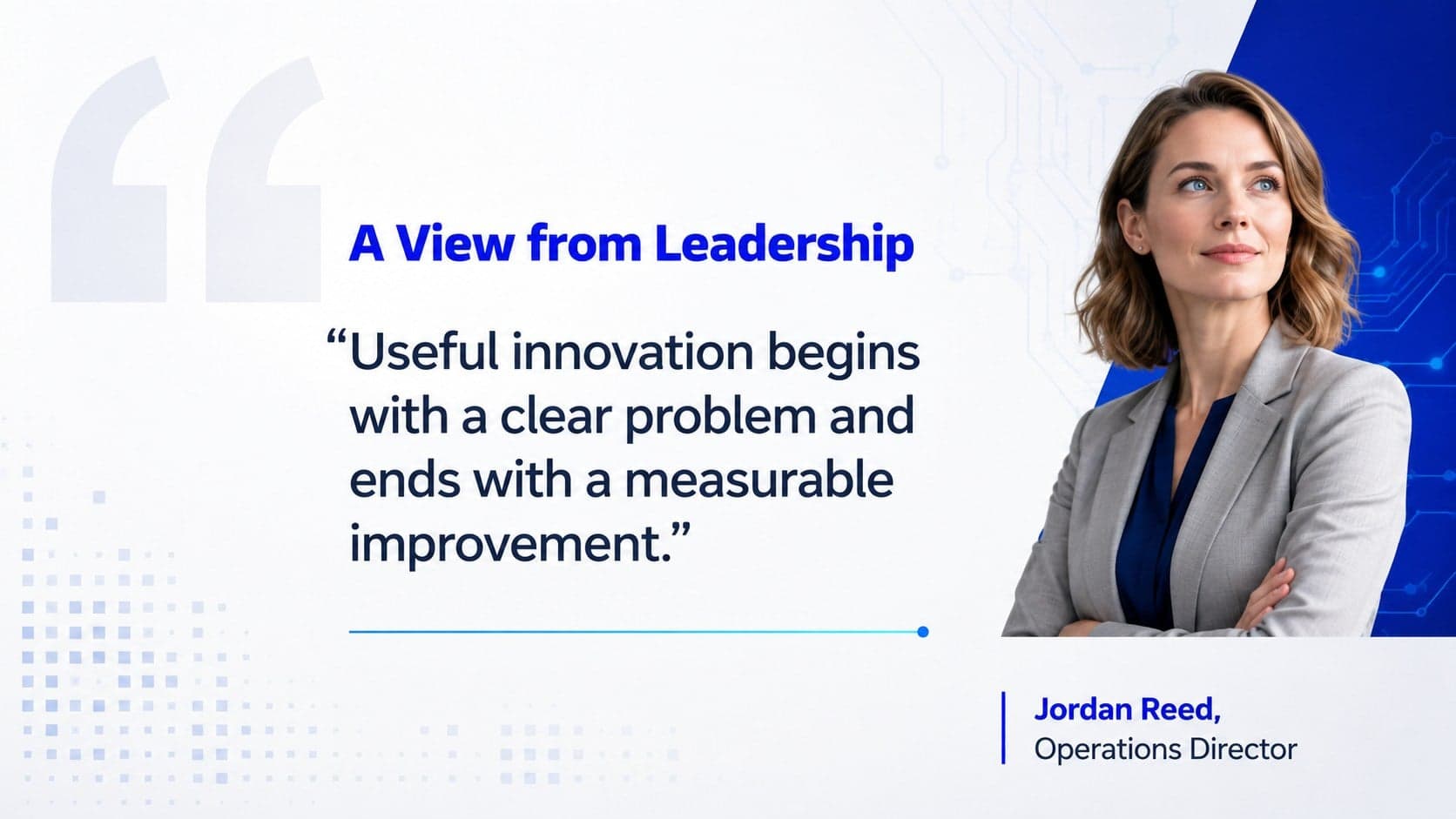 Deep blue technology newsletter slide presenting a leadership quotation with geometric digital accents.