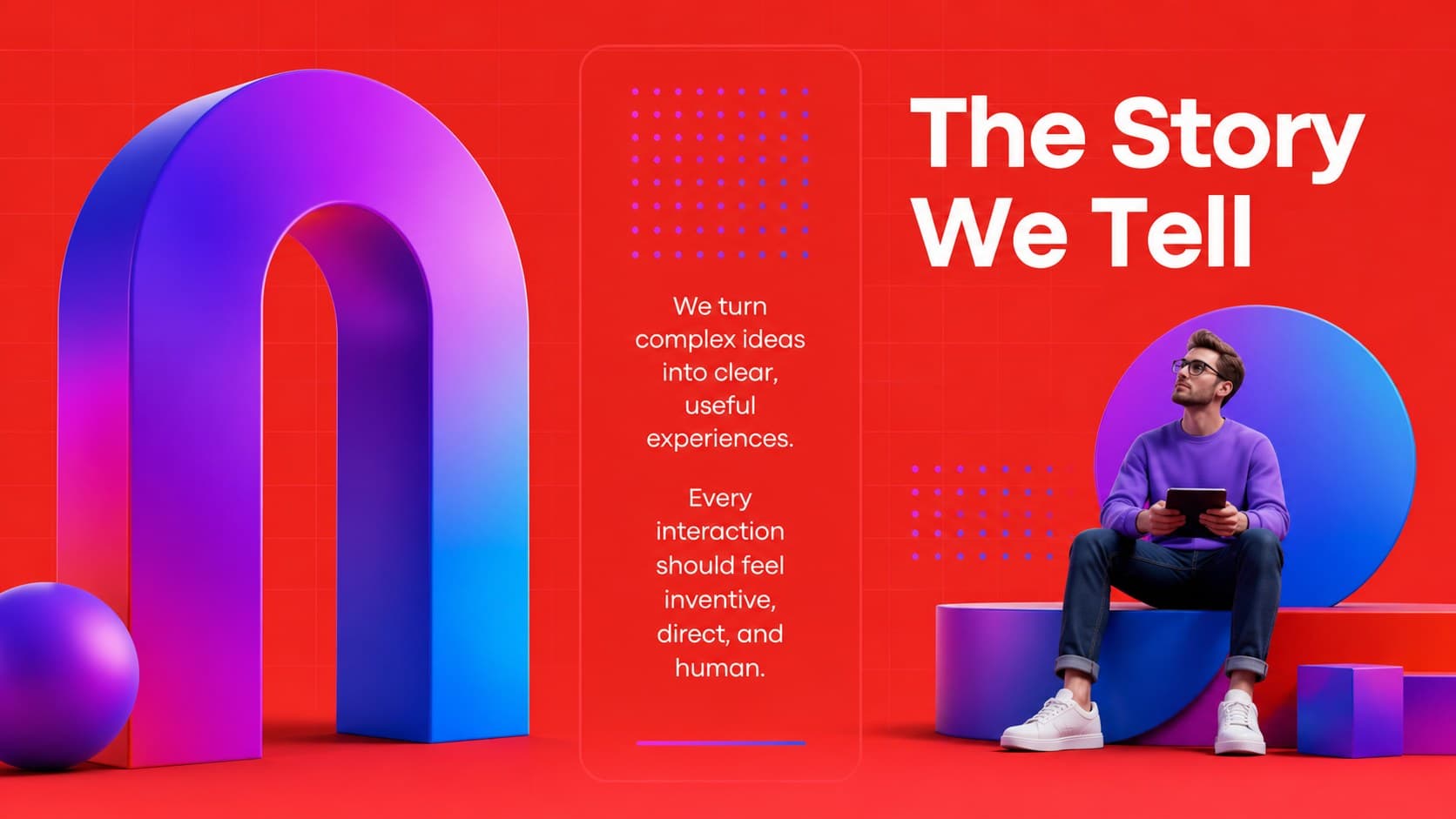 Brand story layout with a concise narrative and colorful three-dimensional visual elements.