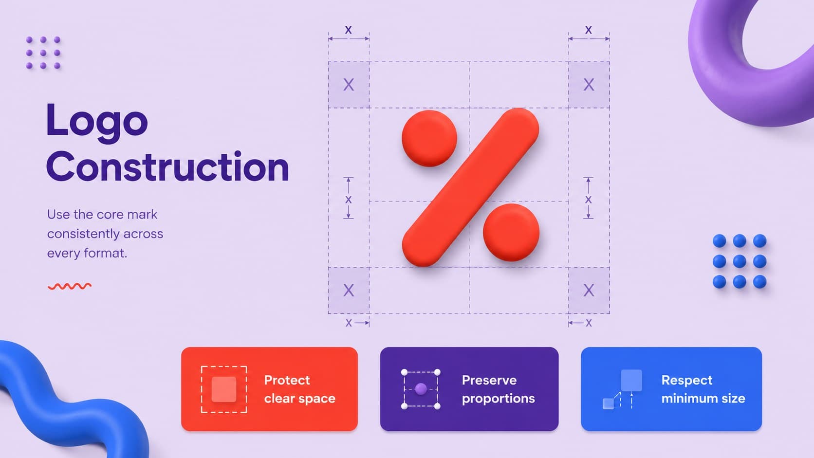 Logo construction guidelines showing clear space, alignment, and minimum size rules.