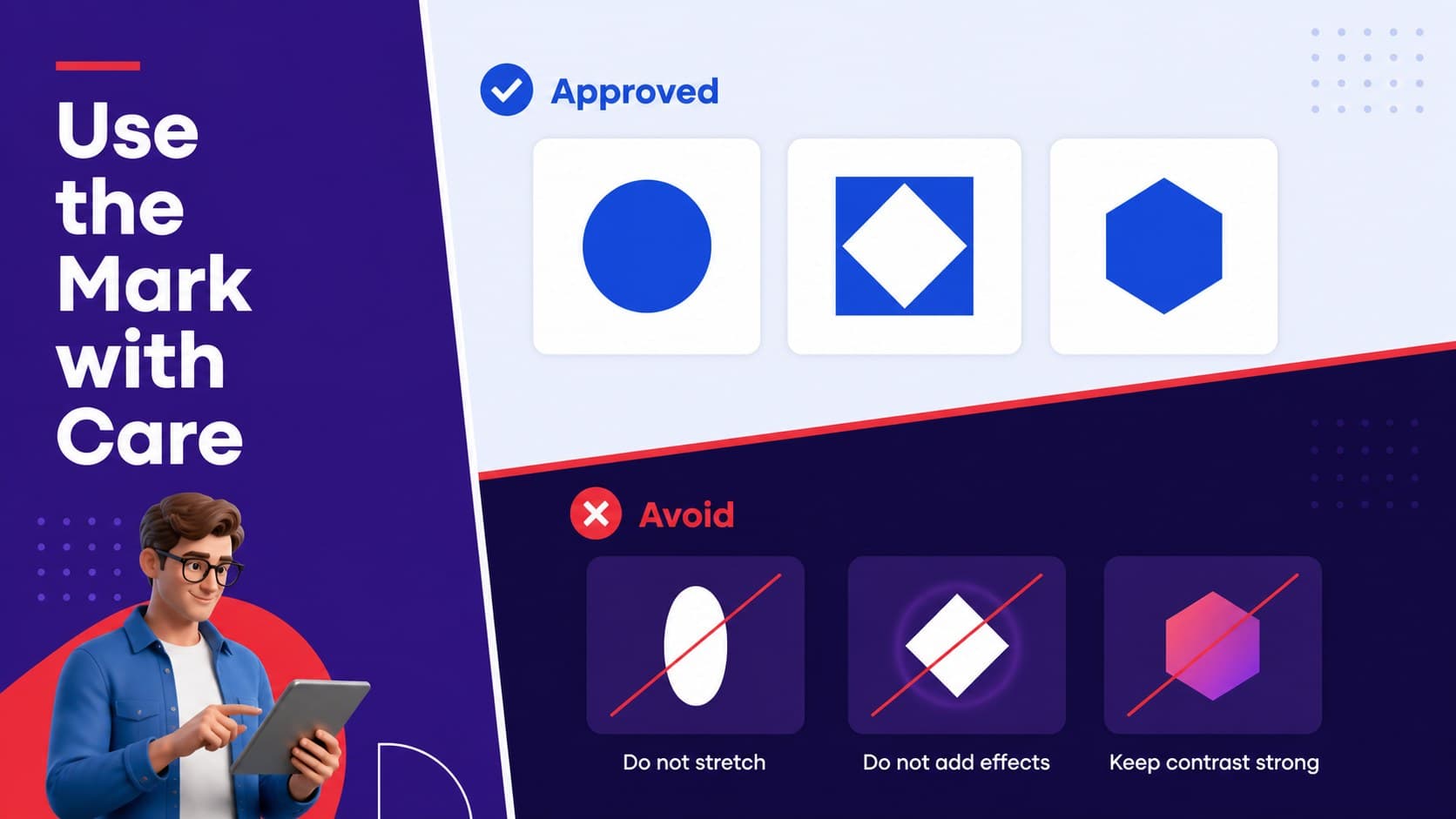 Logo usage slide comparing approved treatments with incorrect brand mark applications.
