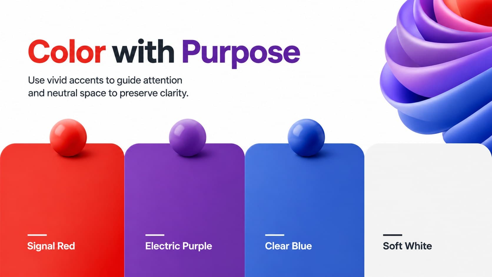 Red, purple, and blue brand color palette slide with editable color specifications.