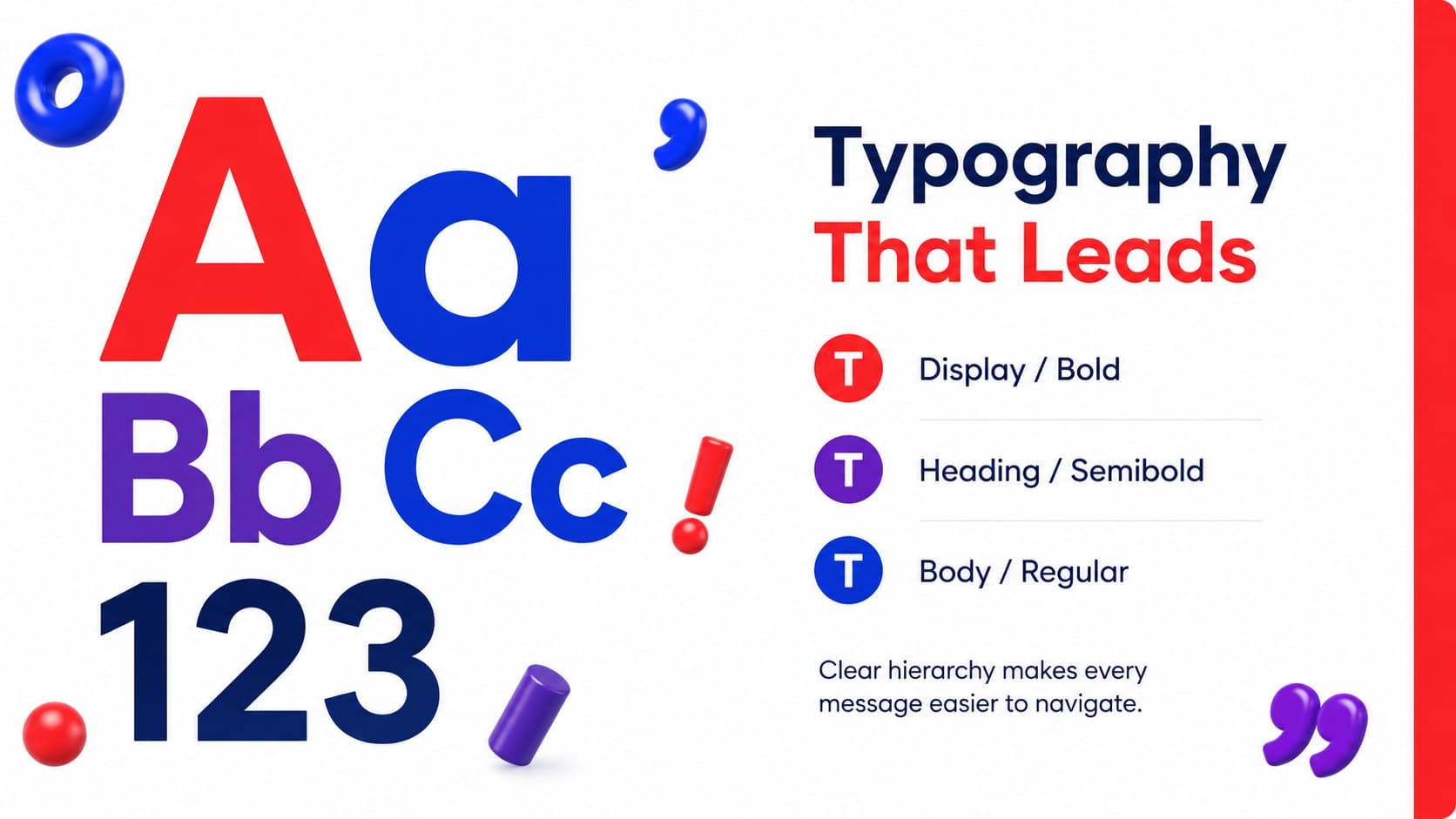 Brand typography hierarchy slide displaying headline, subheading, and body text styles.