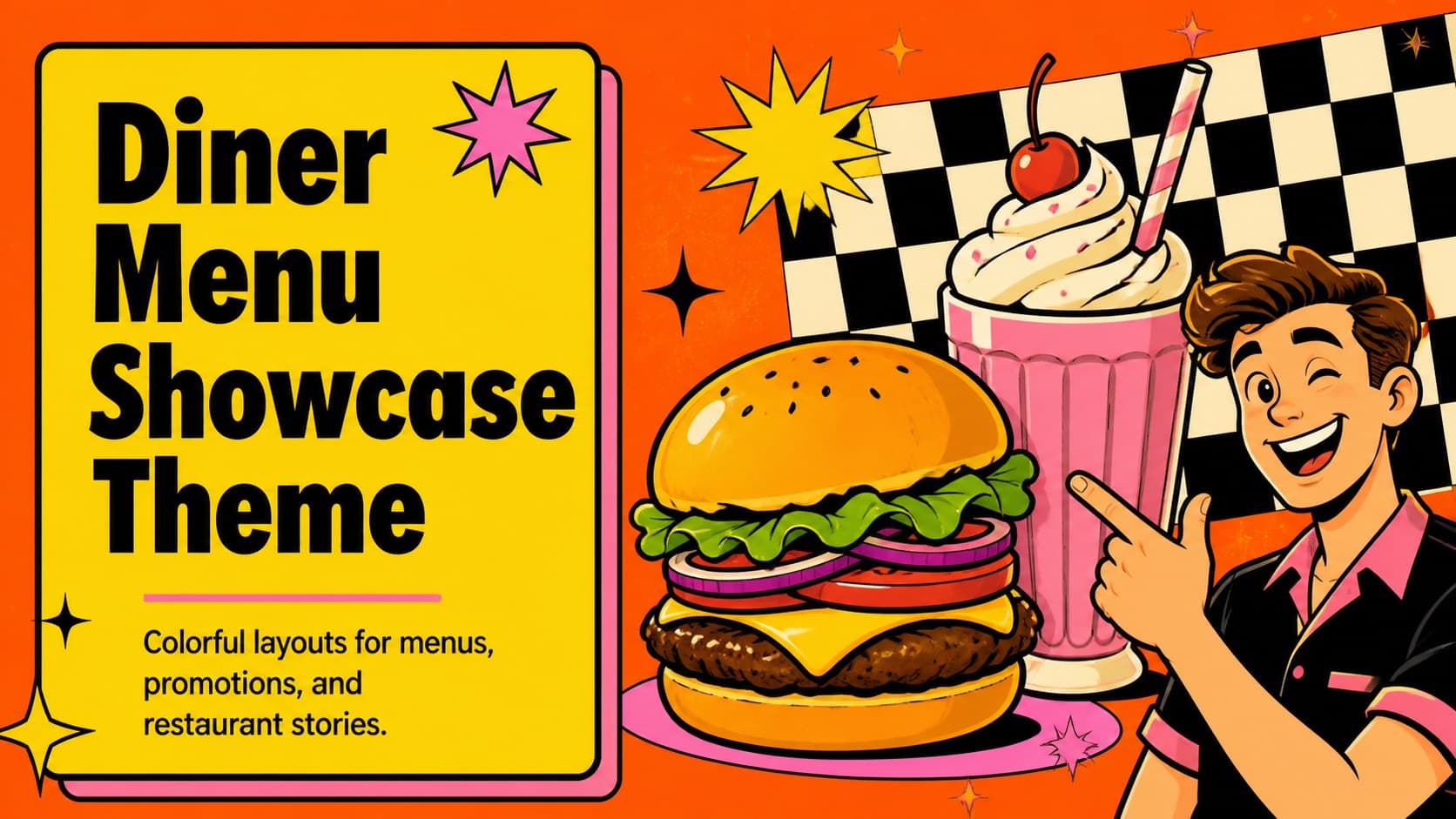 Cover slide for a diner menu showcase theme featuring bold retro food graphics and a colorful restaurant palette.