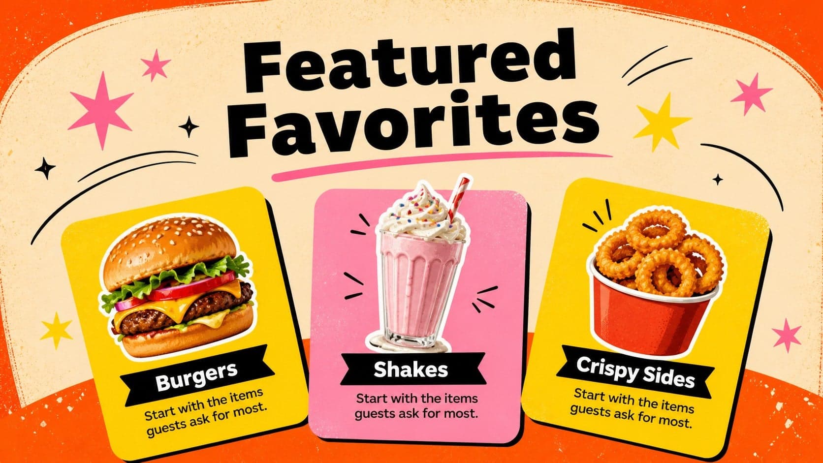 Restaurant presentation slide introducing featured diner menu items with colorful food illustrations.