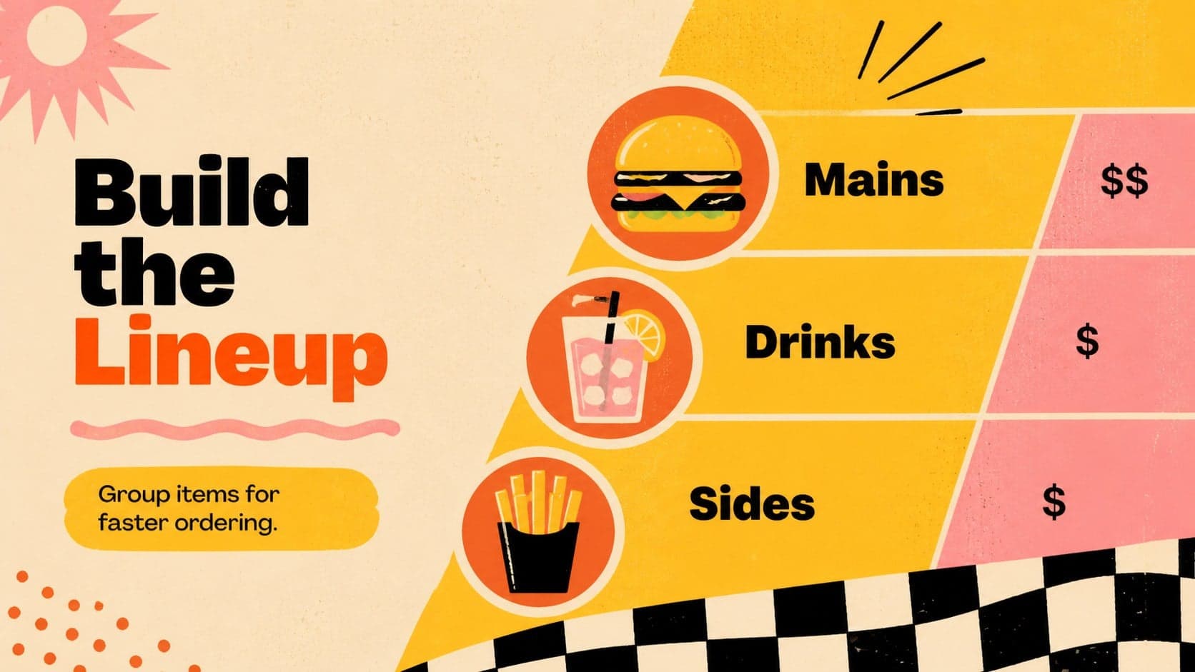 Editable diner menu slide showing a colorful category breakdown for burgers, drinks, and sides.