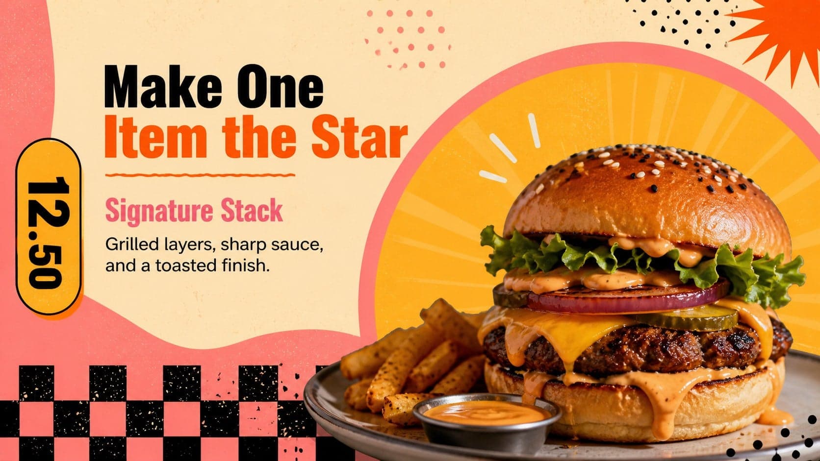 Colorful menu board presentation slide highlighting a signature burger with space for price and description.