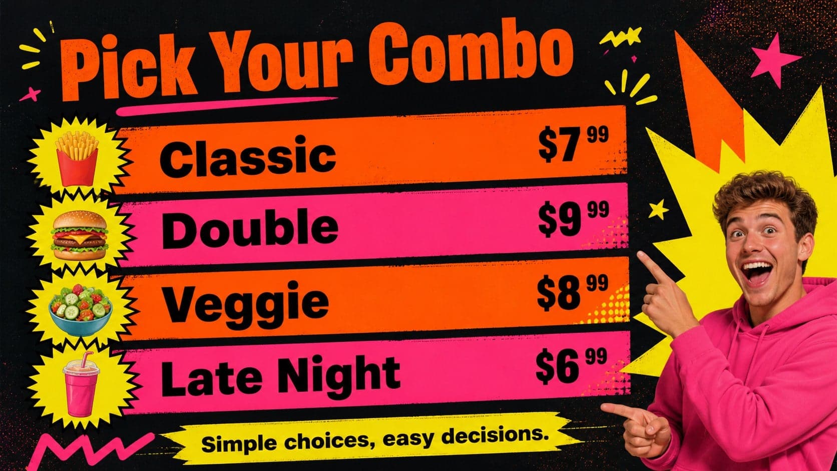 Retro restaurant menu presentation slide comparing meal combinations in bright illustrated panels.