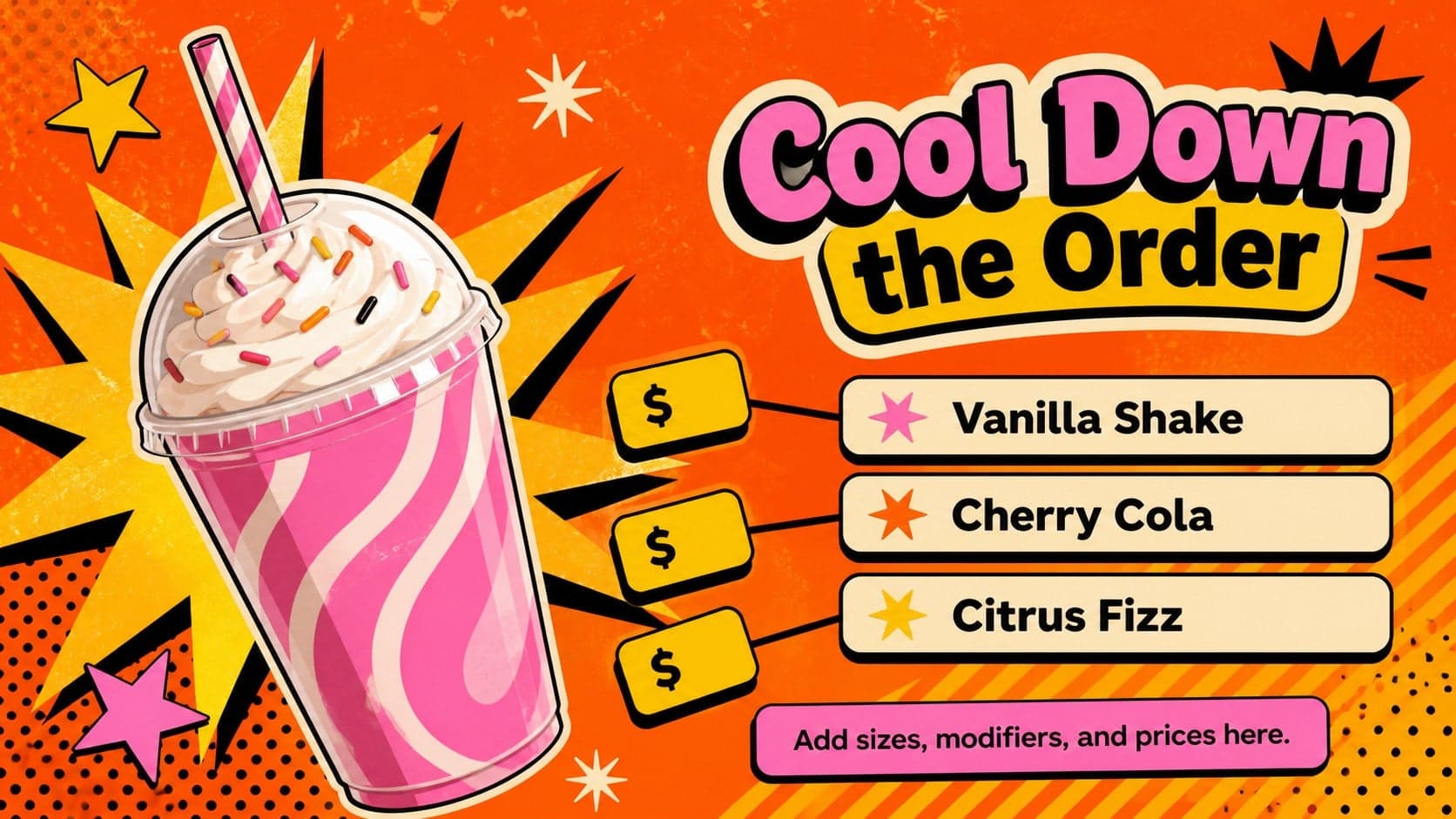 Editable food menu slide presenting drink options with bright retro shapes and pricing spaces.