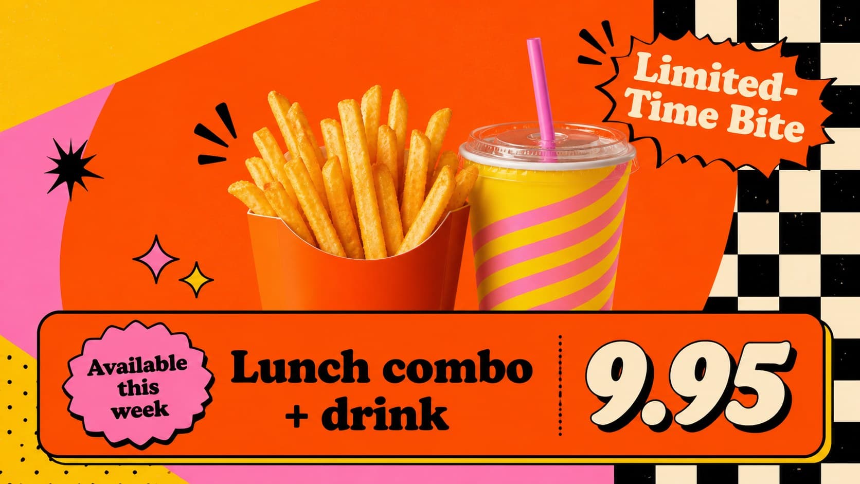 Diner marketing slide showing a limited-time offer with bold pricing and colorful promotional artwork.