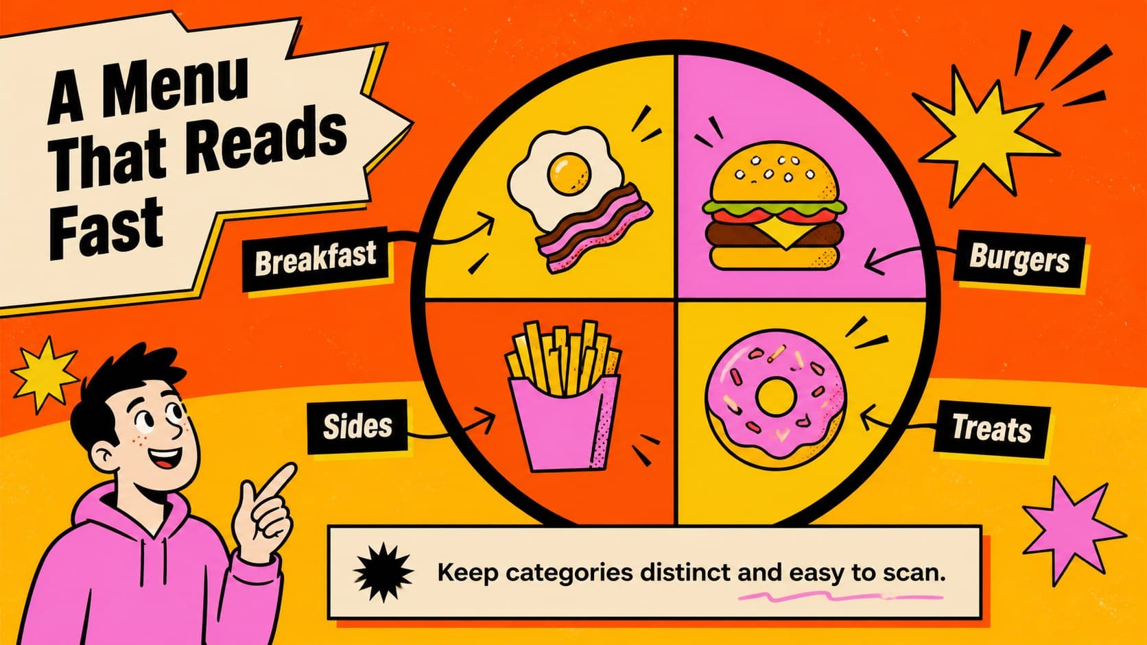 Restaurant presentation slide organizing a food menu into clear sections with colorful icons and labels.