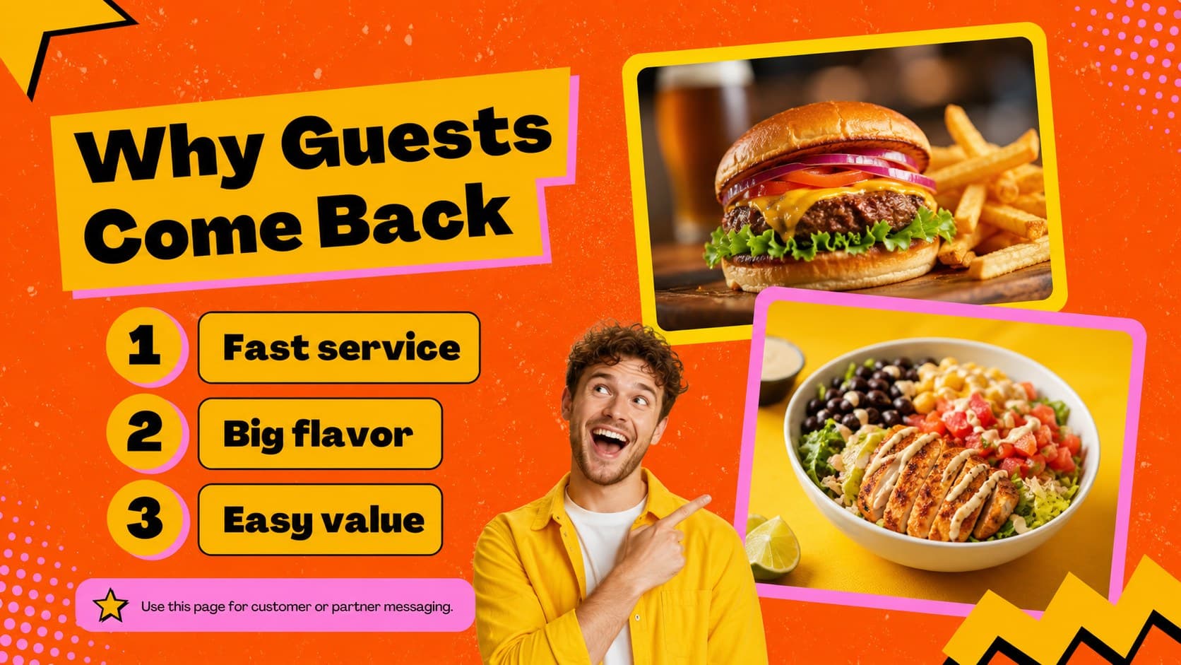 Colorful restaurant marketing slide displaying customer appeal points and food photography placeholders.