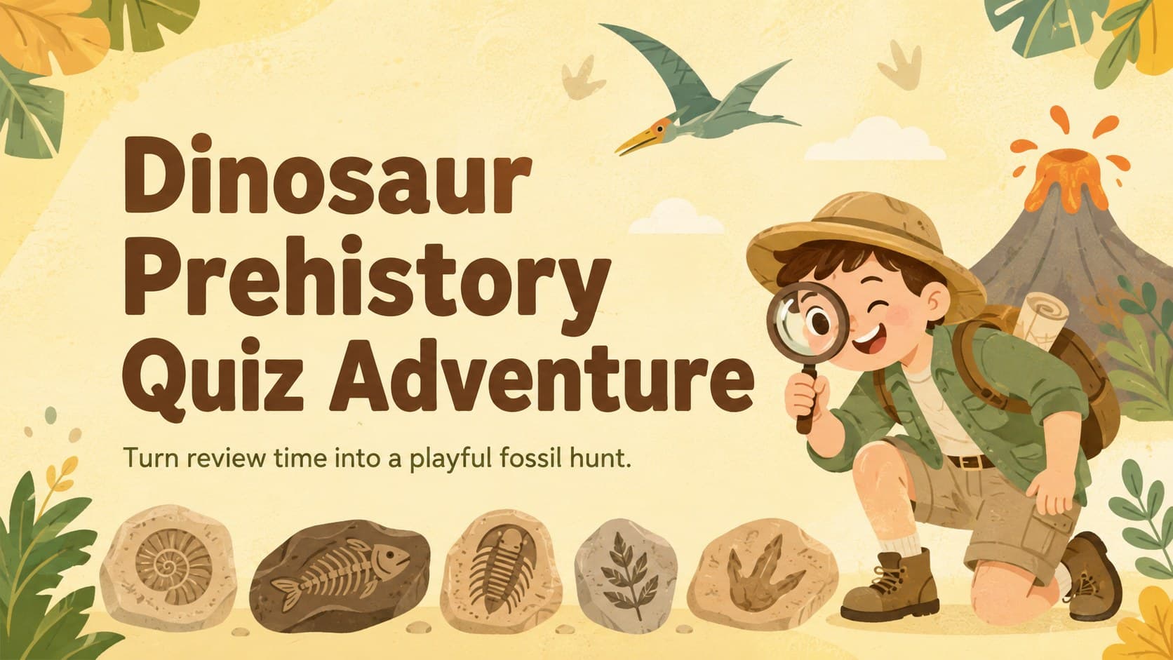 Pastel yellow cover for the Dinosaur Prehistory Quiz Adventure with original dinosaur and fossil illustrations.