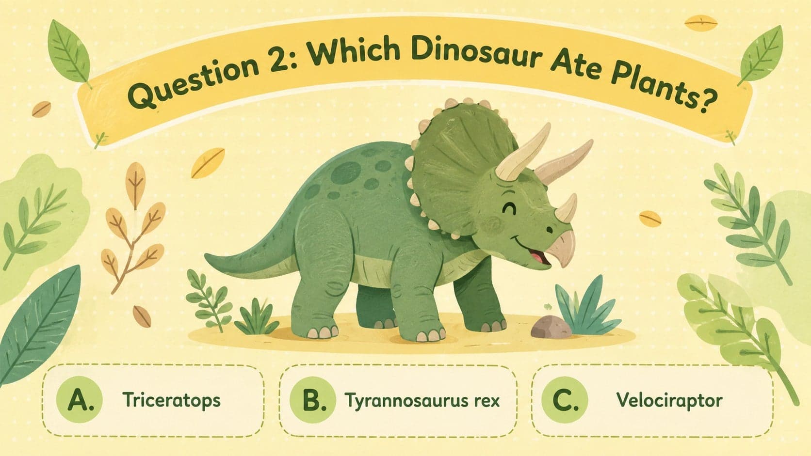 Kid-friendly prehistoric animals multiple choice quiz about identifying a plant-eating dinosaur.