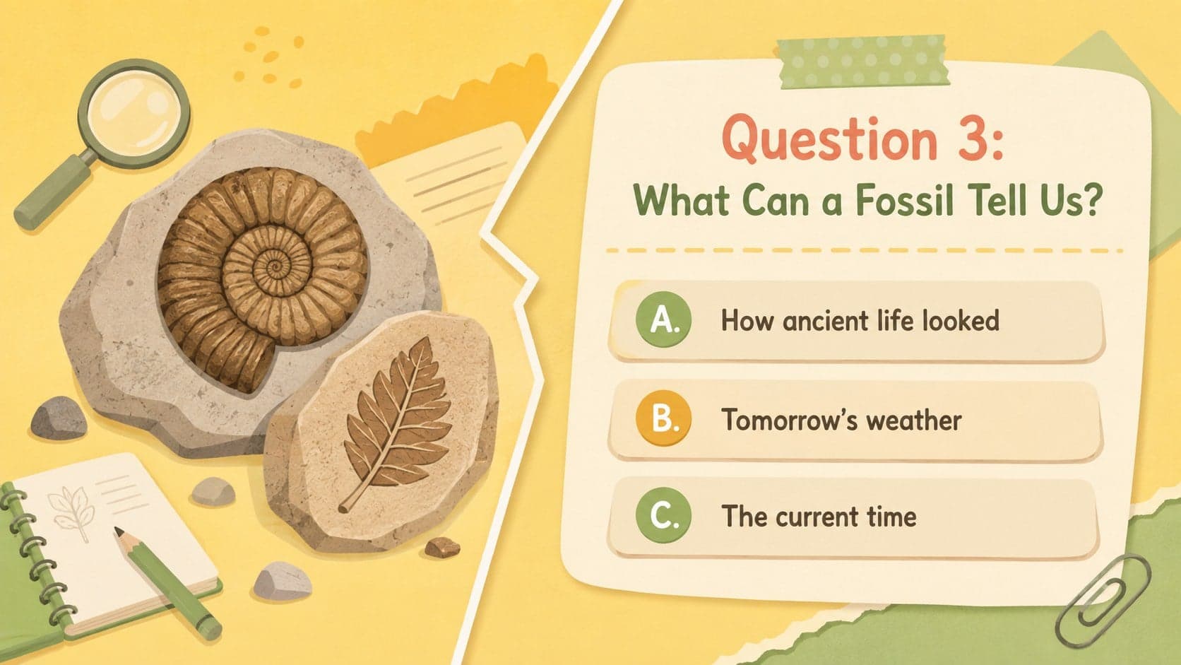 Pastel fossil facts classroom game slide asking students what a fossil can reveal.