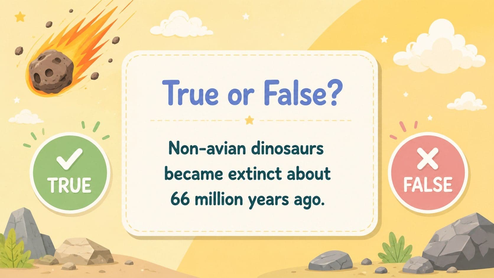 Elementary paleontology quiz slide featuring a true-or-false question about dinosaur extinction.