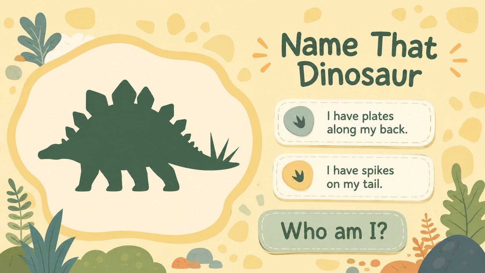Dinosaur review game slide asking students to identify a stegosaurus from visual clues.