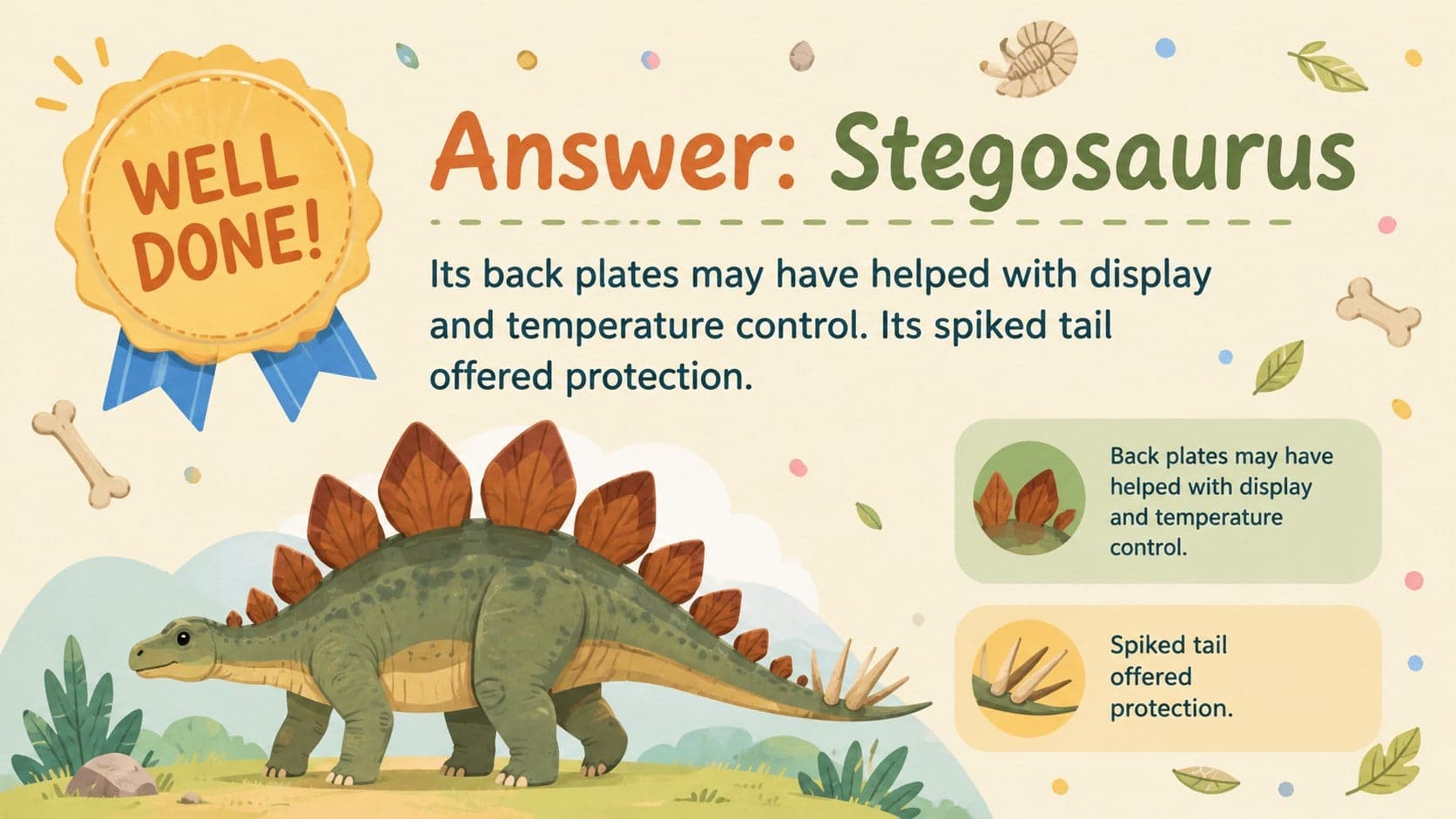 Illustrated dinosaur quiz answer reveal identifying Stegosaurus and explaining its defensive features.