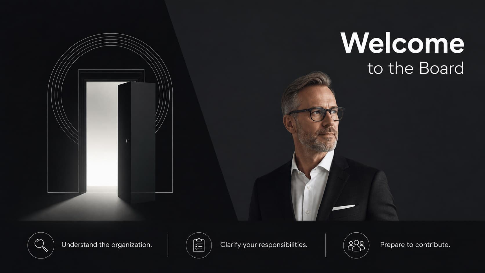 Minimalist director induction welcome slide outlining the purpose of the board briefing.