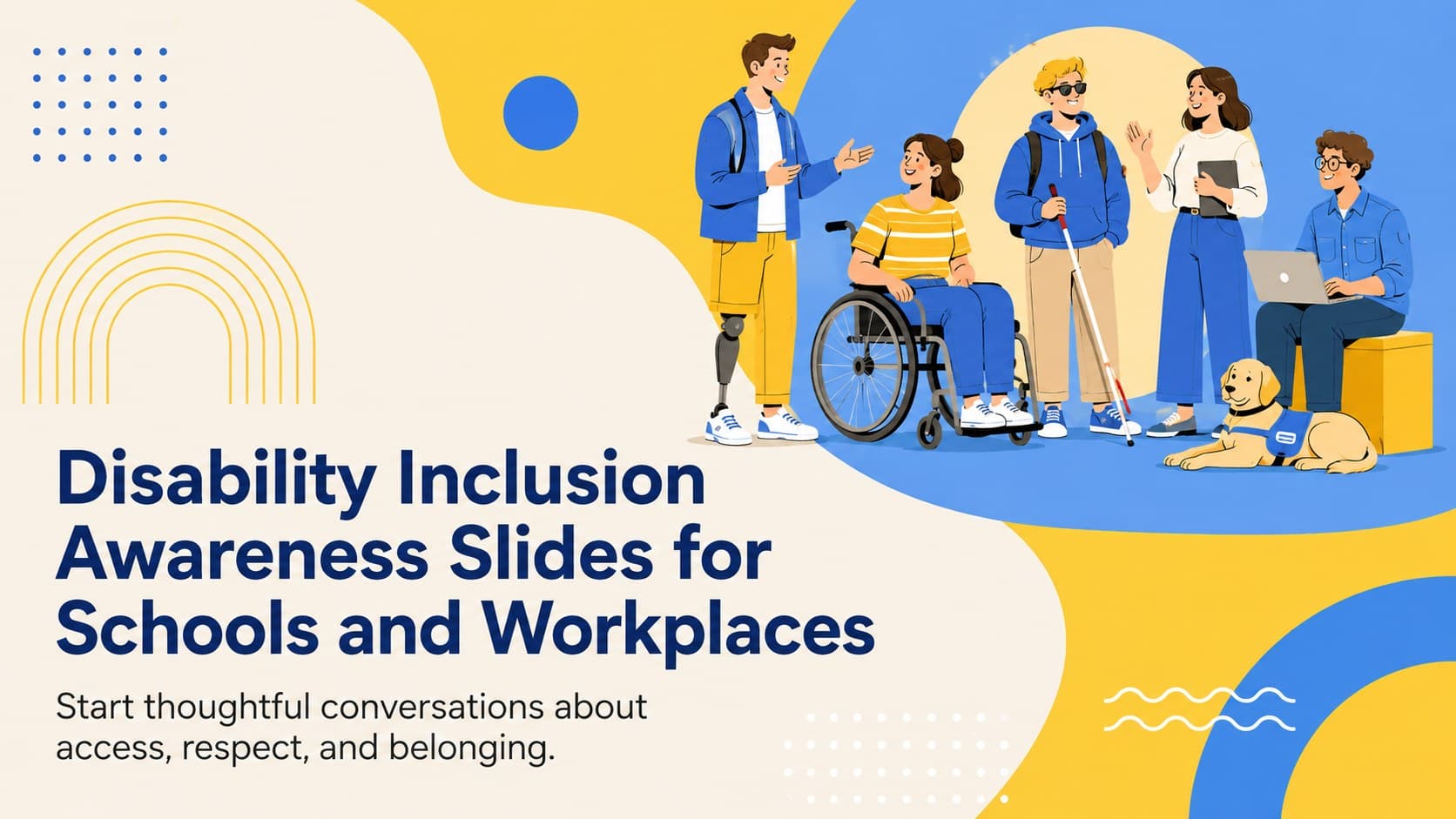 Cover for disability inclusion awareness slides featuring original people and cheerful yellow-and-blue accessibility-themed illustrations.