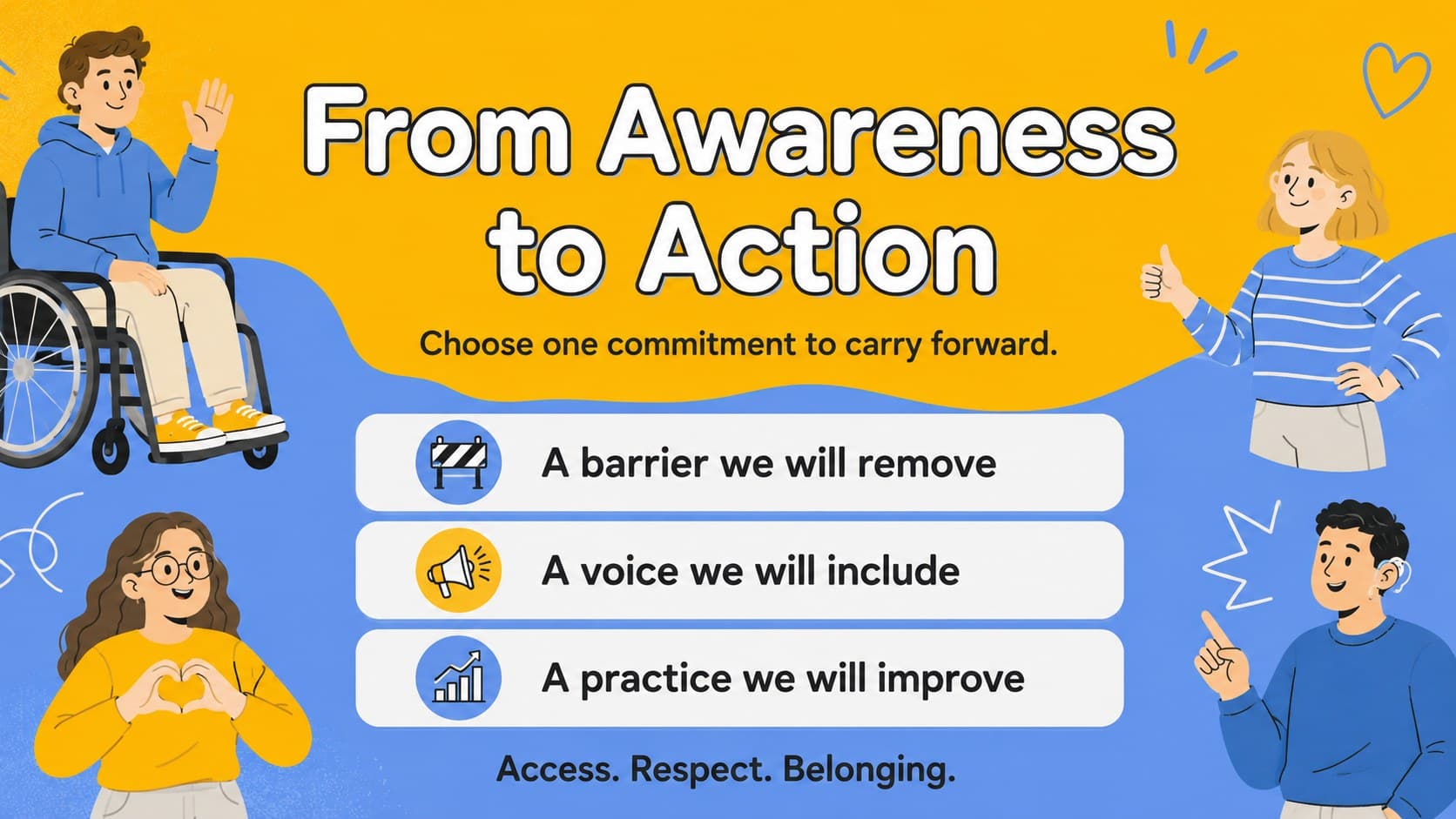 Closing disability awareness slide with three commitment prompts and an original yellow-and-blue community illustration.