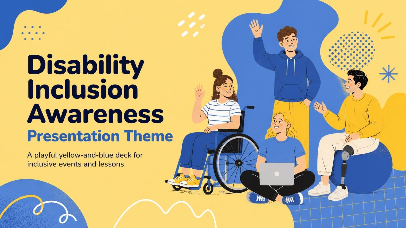 Cover of a disability inclusion awareness presentation theme with playful yellow and blue accessibility illustrations.