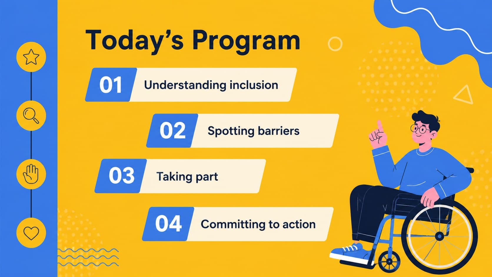 International Day of Persons with Disabilities presentation agenda in a bright illustrated layout.