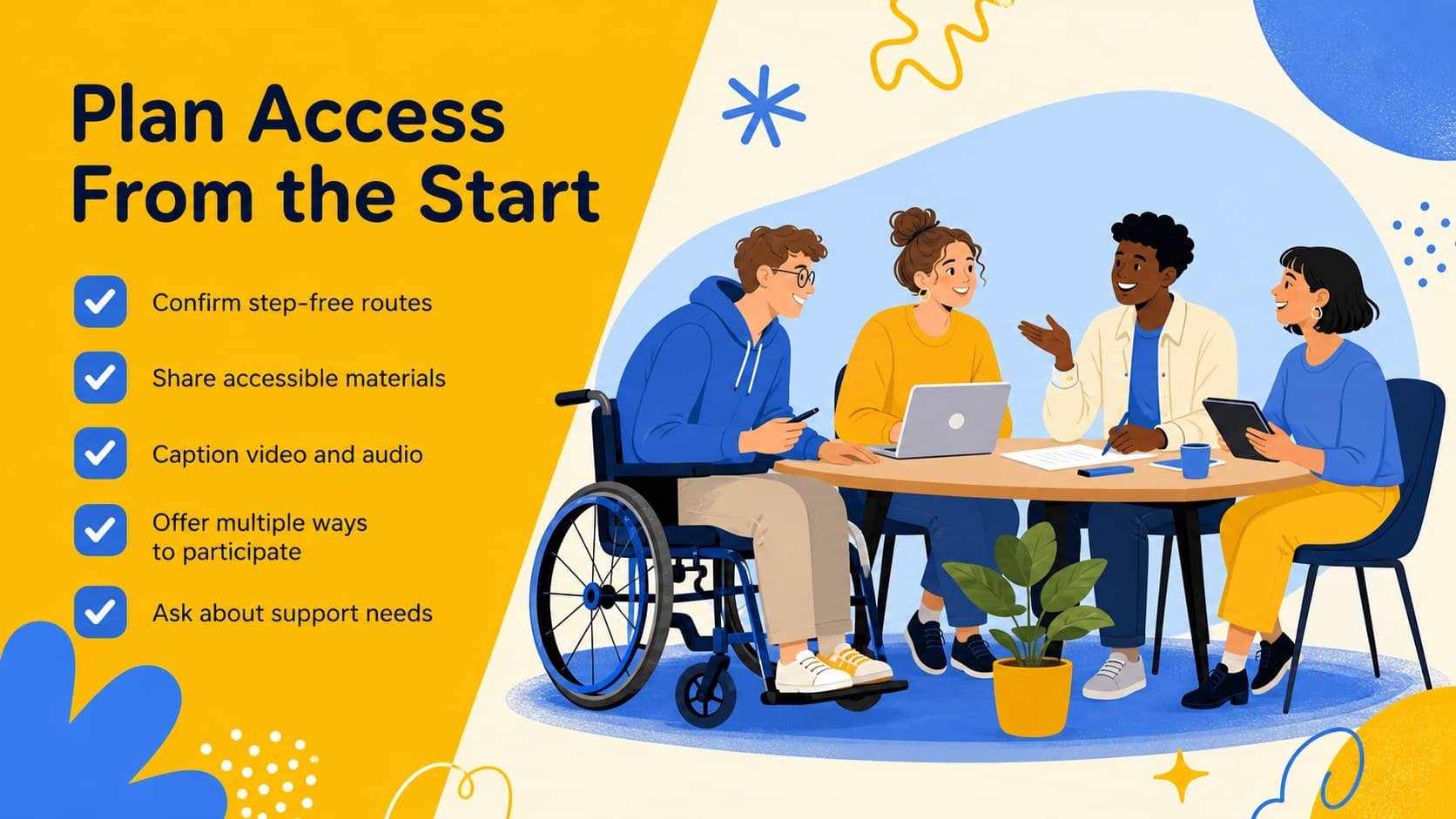 Disability inclusion checklist slide covering accessible venues, materials, media, and support.