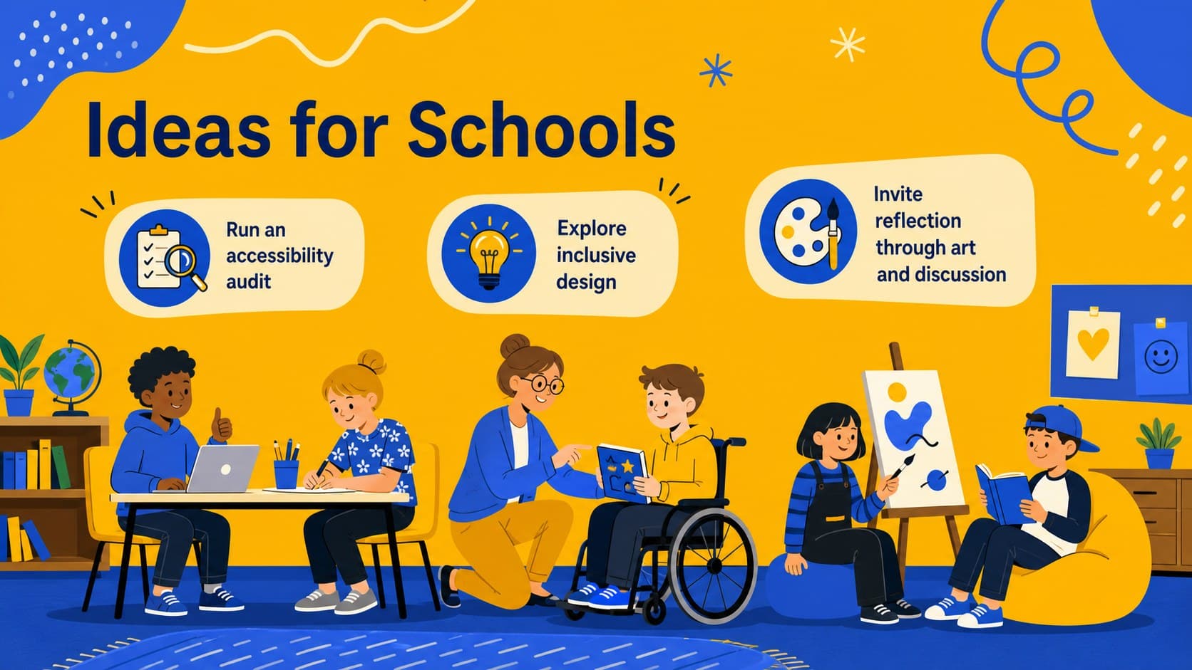 Inclusive education presentation template slide listing classroom and school assembly activities.