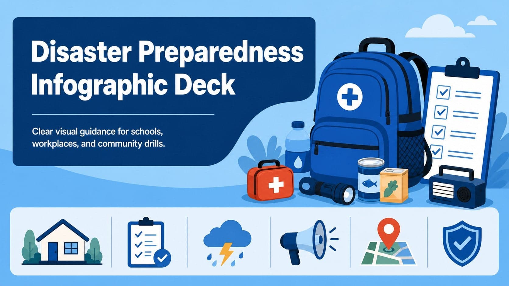 Cover slide for a disaster preparedness infographic deck with blue illustrated emergency symbols and a clear headline.