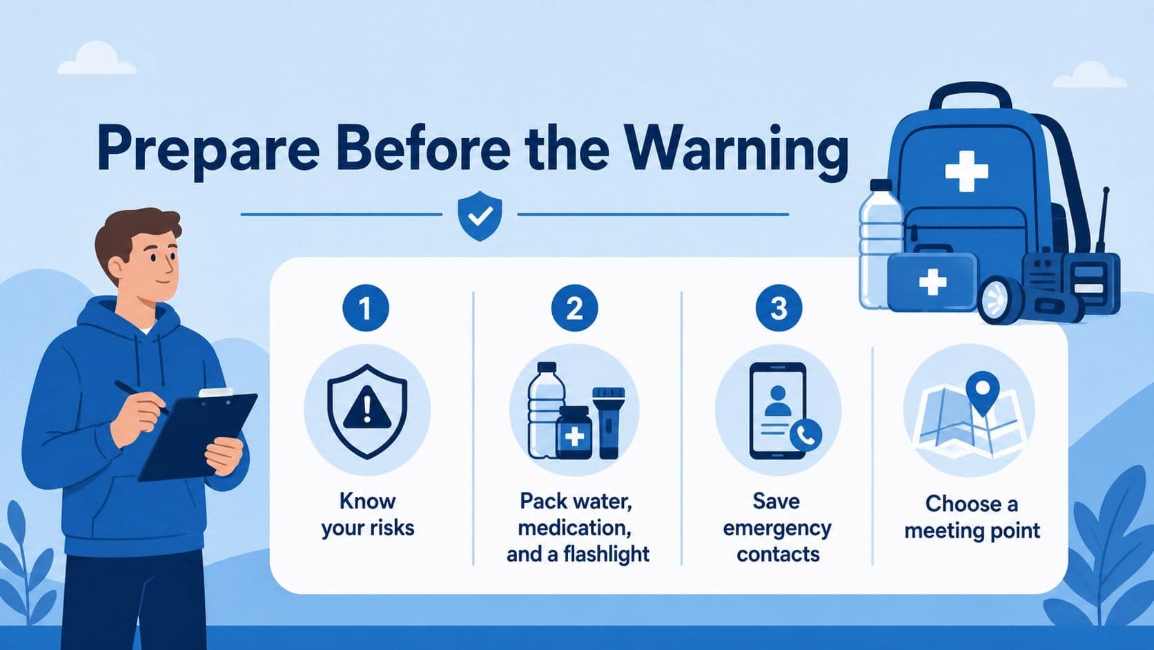 Emergency preparation checklist slide showing organized supplies, contacts, and actions in a blue infographic layout.