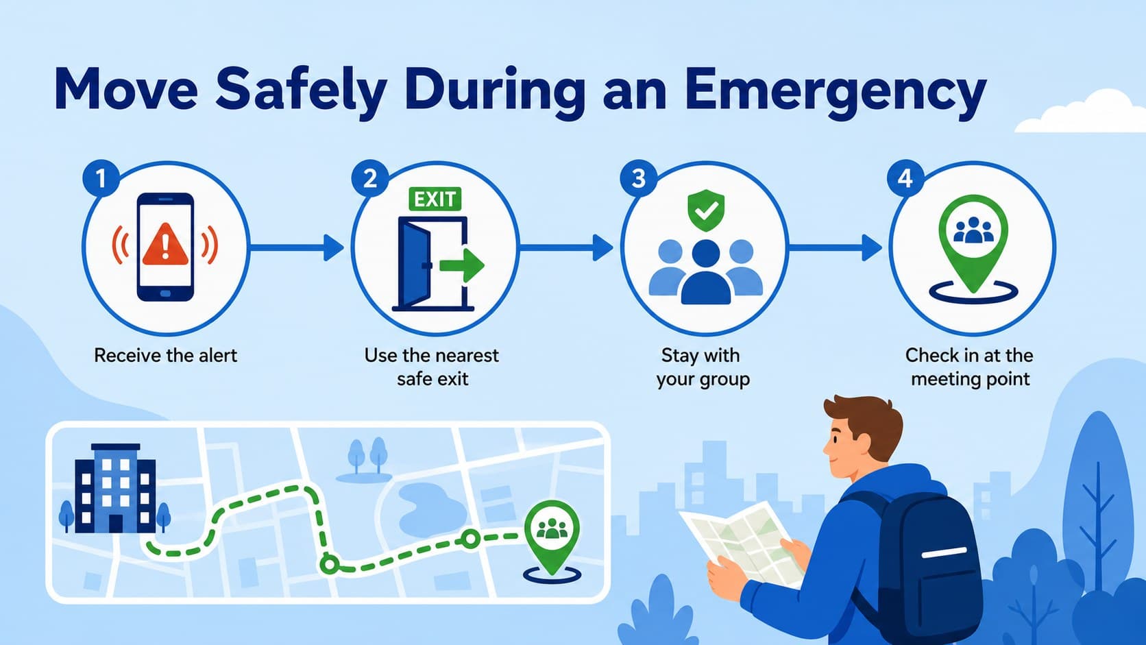 Evacuation response slide with route arrows, hazard icons, and step-by-step emergency actions in blue.