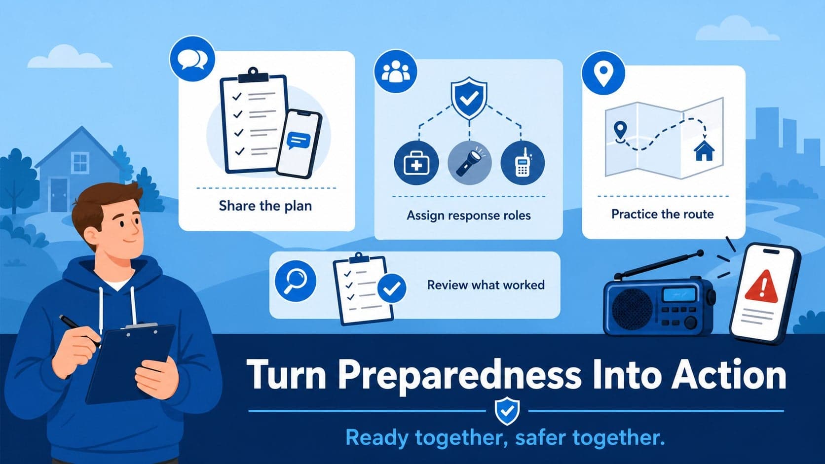 Community emergency action plan slide summarizing roles, communication steps, and follow-up tasks with blue illustrations.