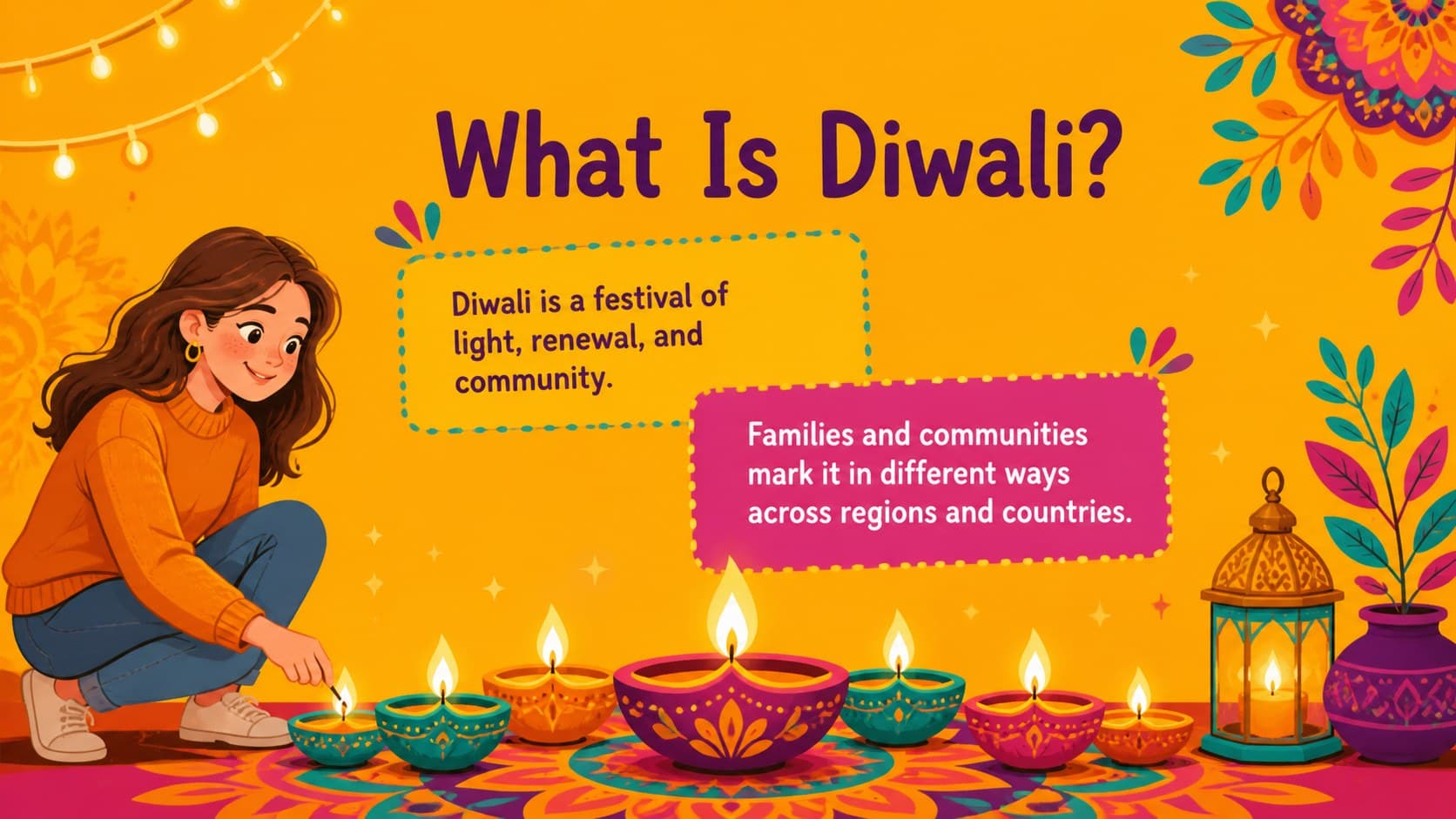 Diwali lesson overview slide explaining the Festival of Lights with colorful orange illustrations.