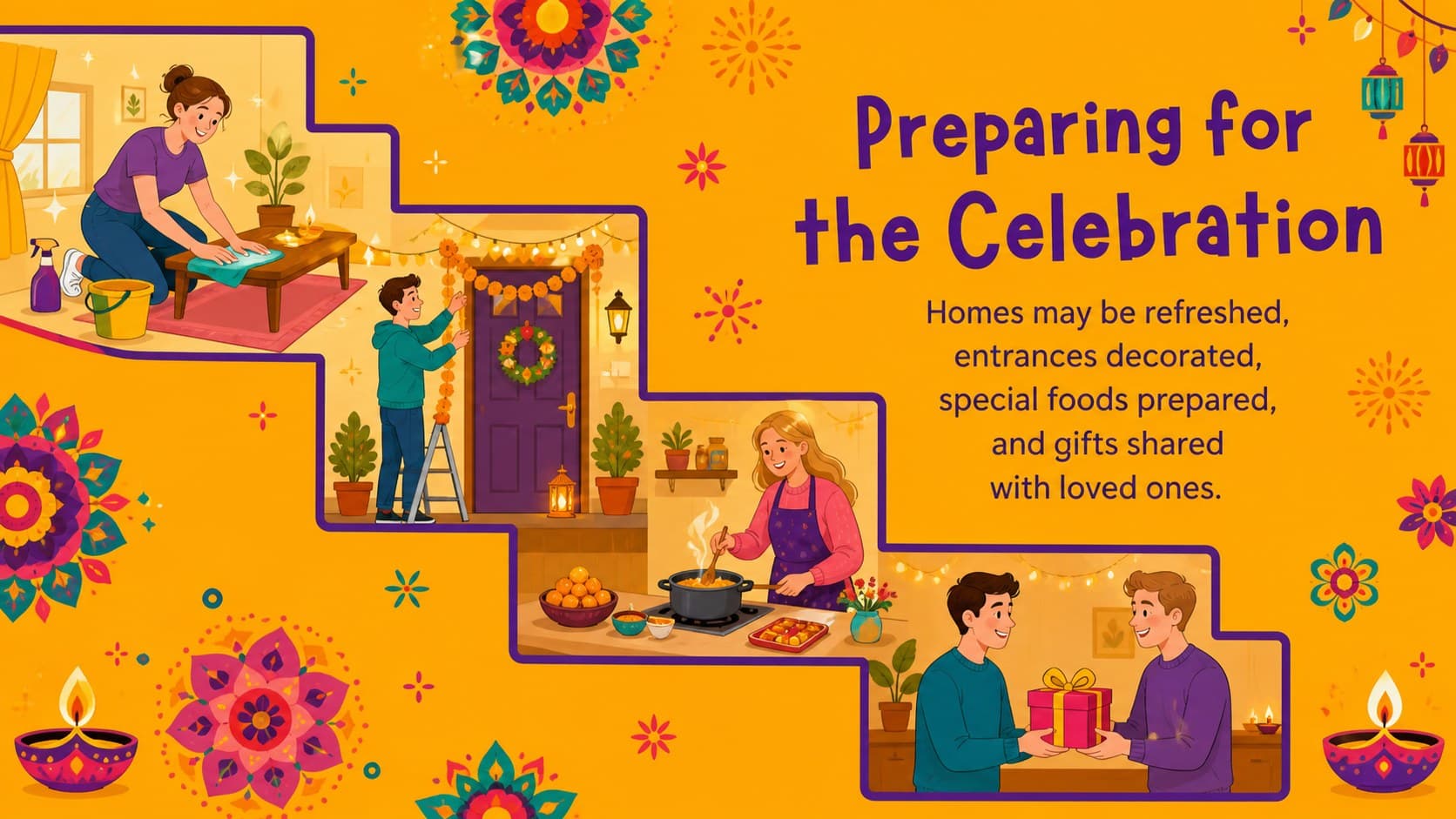 Diwali traditions slide showing preparation activities in a warm orange classroom design.