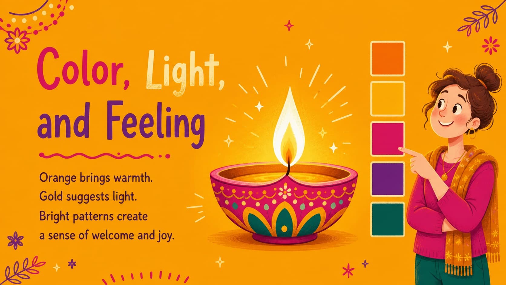 Diwali colors and light slide with vivid swatches and illustrated festival decorations.