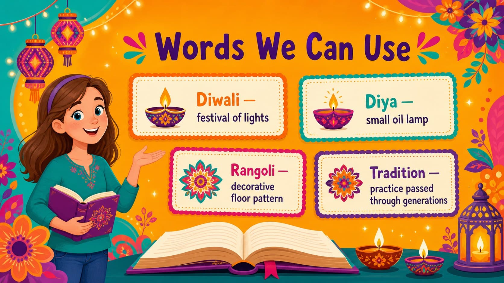 Classroom vocabulary slide defining key terms for a Diwali festival lesson.