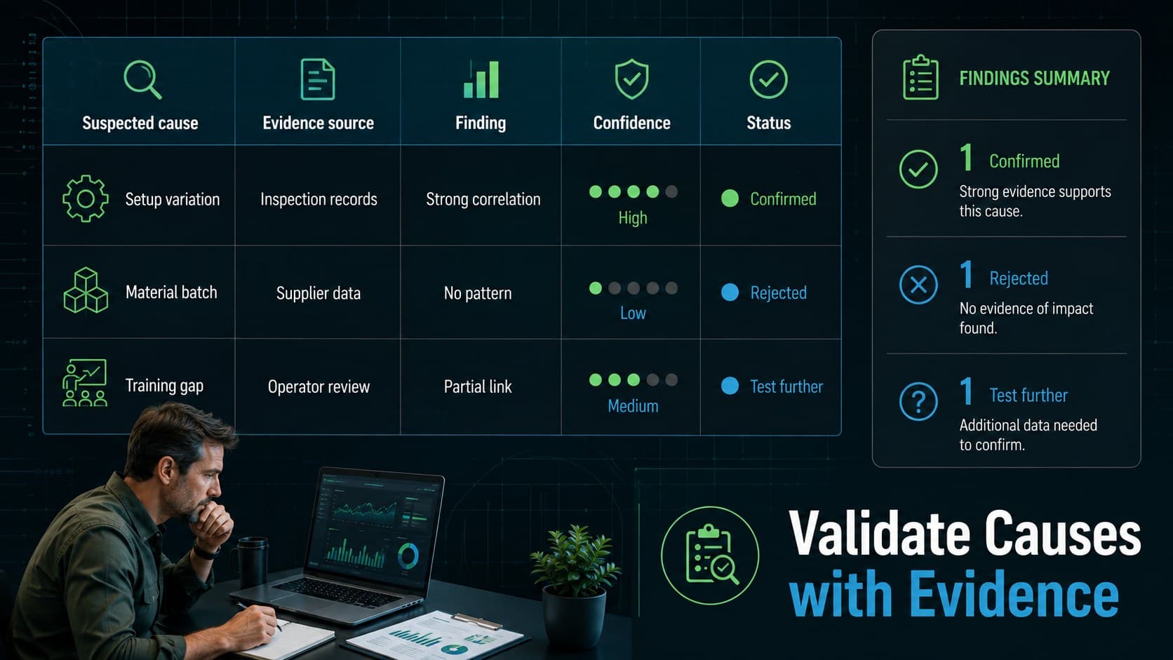 Cause validation matrix comparing suspected causes with evidence, confidence, and investigation status.