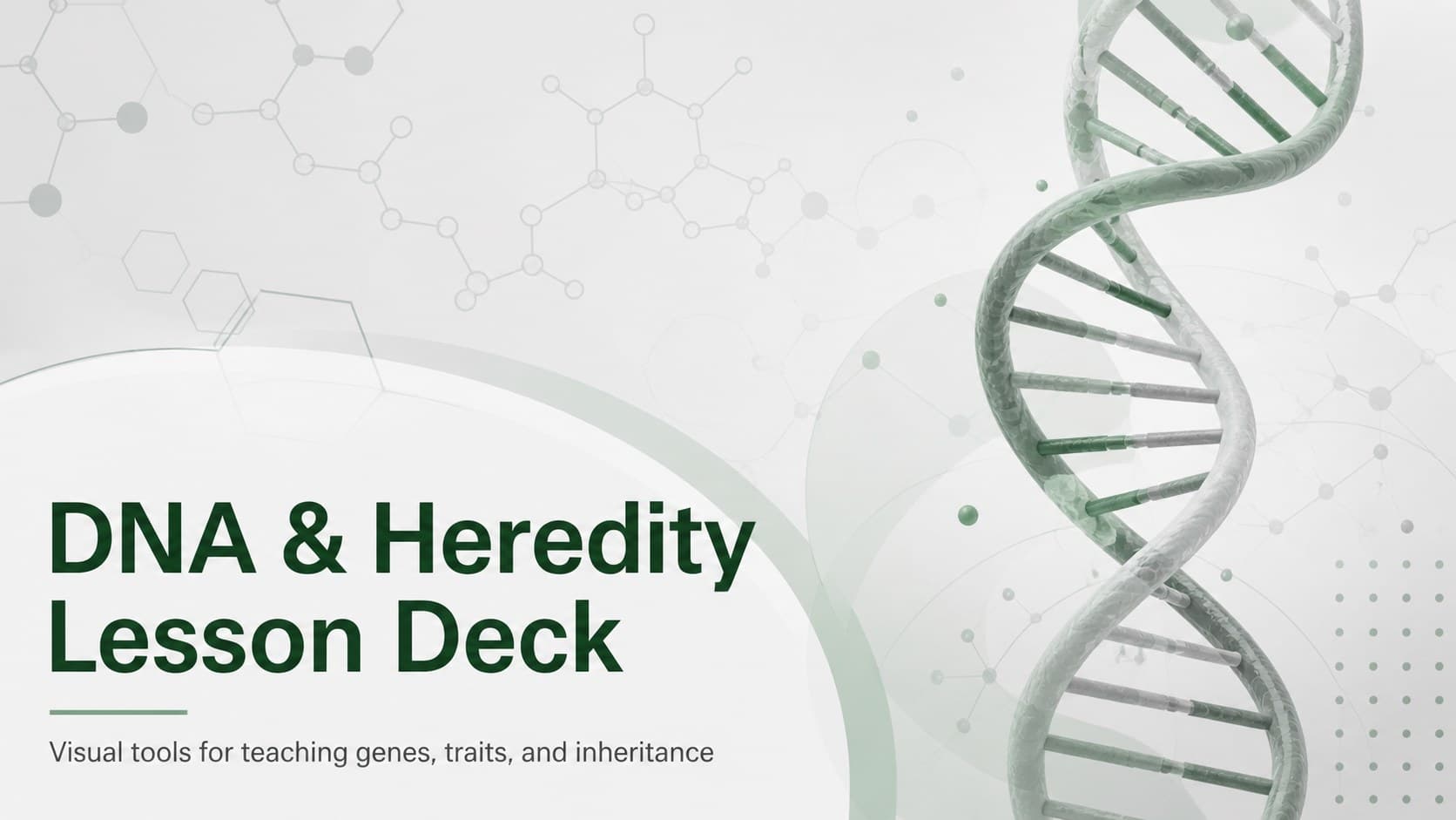 Cover slide introducing a DNA and heredity lesson deck with a vivid green scientific composition.