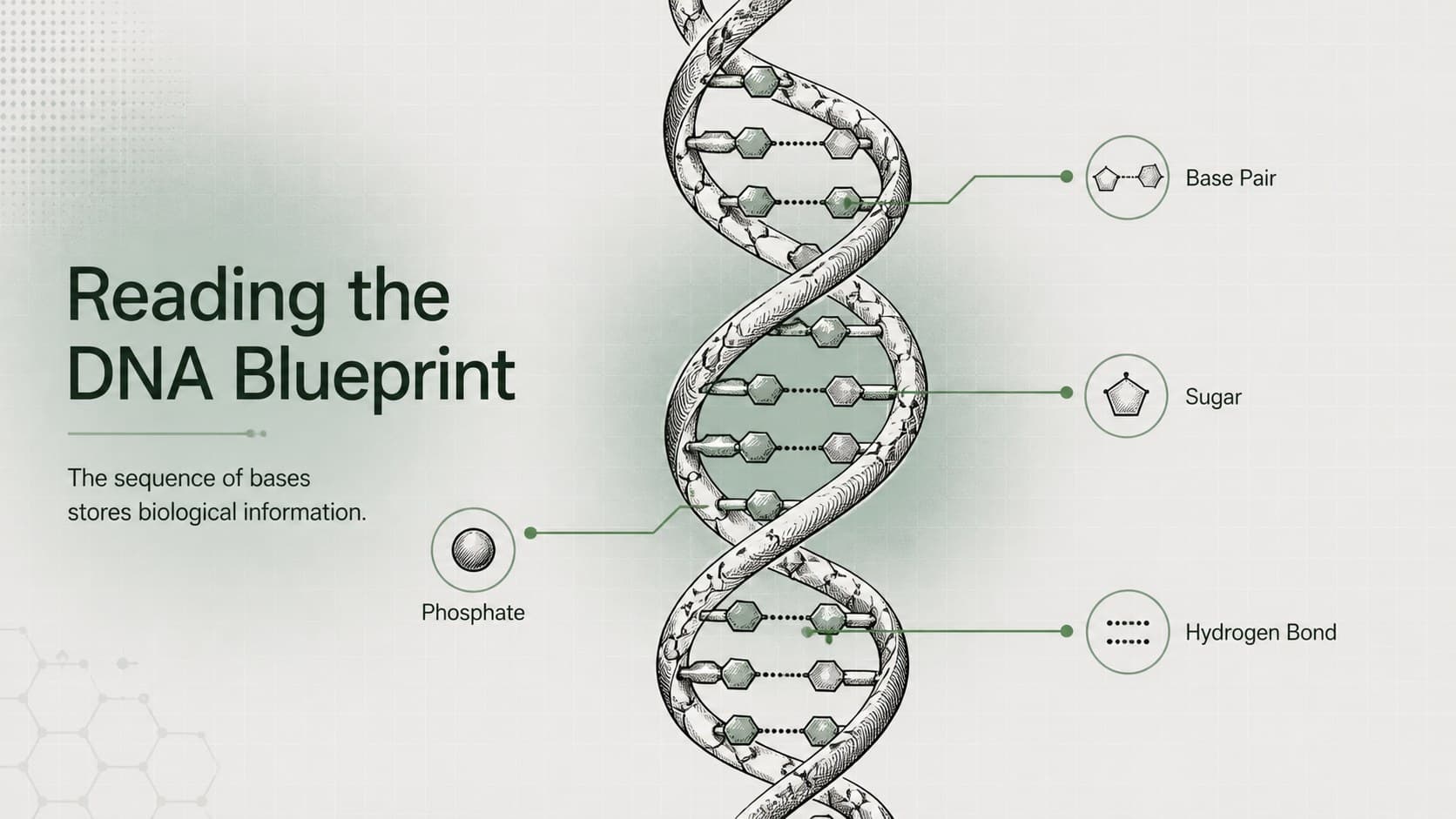DNA structure classroom presentation slide showing labeled components of a double helix.