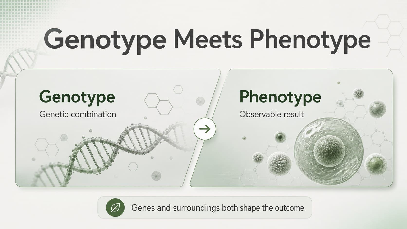 Biology lesson deck slide defining genotype and phenotype with contrasting green and grey panels.