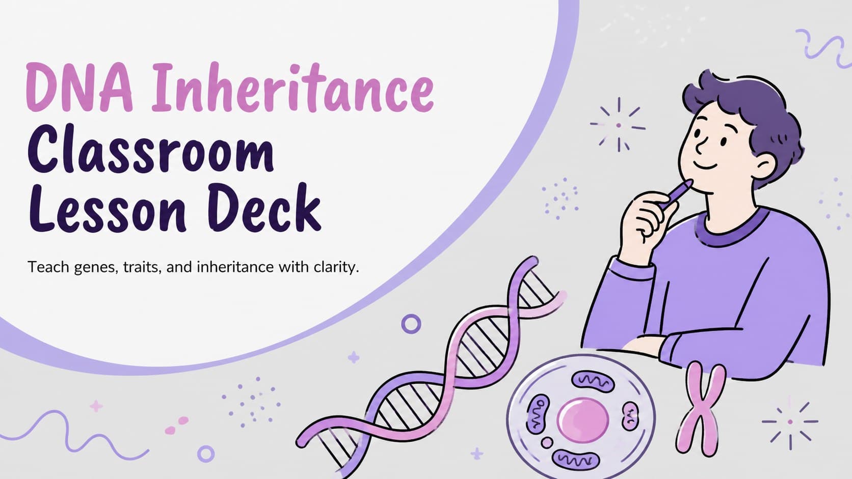 Cover of a DNA inheritance classroom lesson deck with chromosome and gene illustrations in grey, pink, and purple.