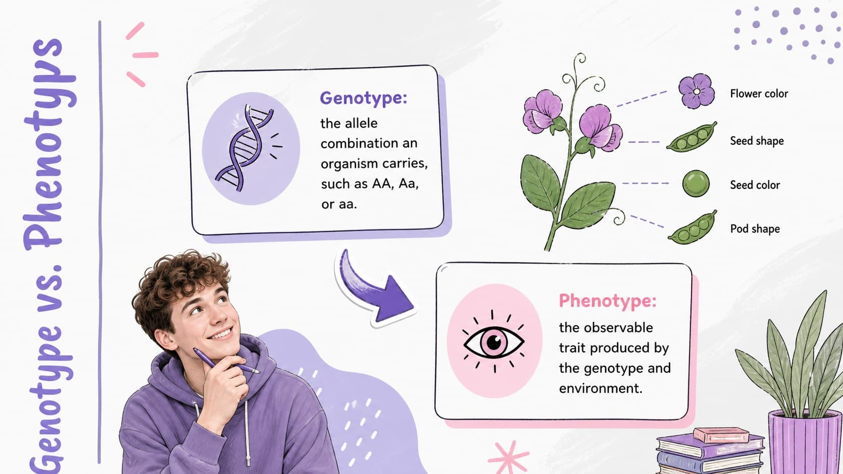 Genotype and phenotype comparison slide with allele combinations and visible trait examples.