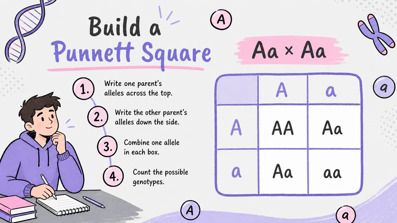 Punnett square teaching slide demonstrating a monohybrid genetic cross with allele outcomes.