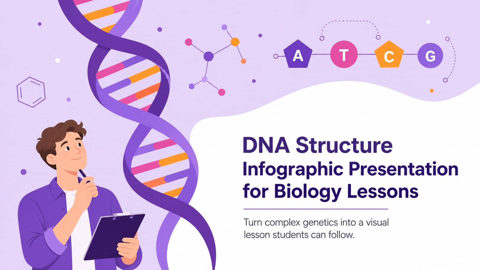 Cover for a DNA structure infographic presentation featuring a purple double helix illustration for biology lessons.