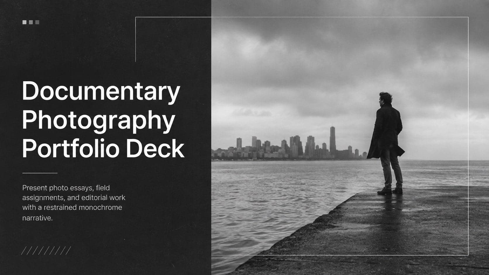Cover of a documentary photography portfolio deck with a bold monochrome editorial photograph and minimalist typography.