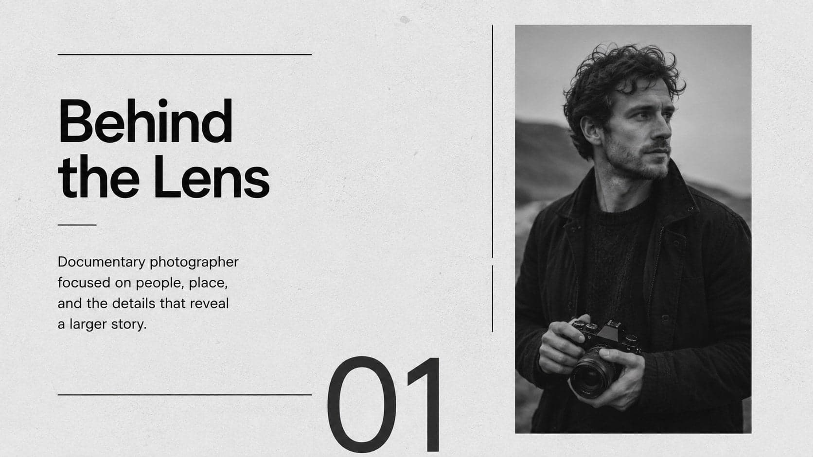 Minimalist photographer profile slide introducing a documentary photographer beside a black-and-white field portrait.
