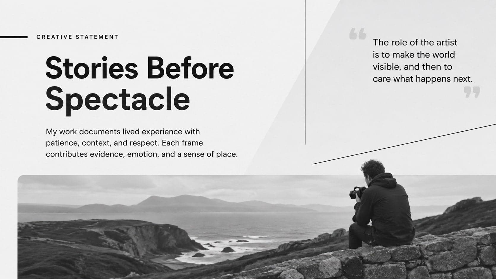 Documentary photography portfolio statement slide with editorial text and an atmospheric monochrome image.
