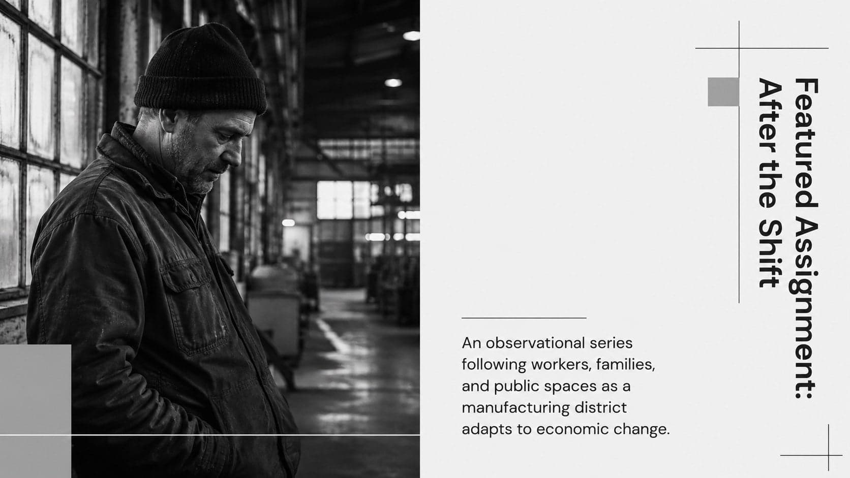 Featured assignment slide in an editorial photography pitch deck with a full-height documentary image and project summary.
