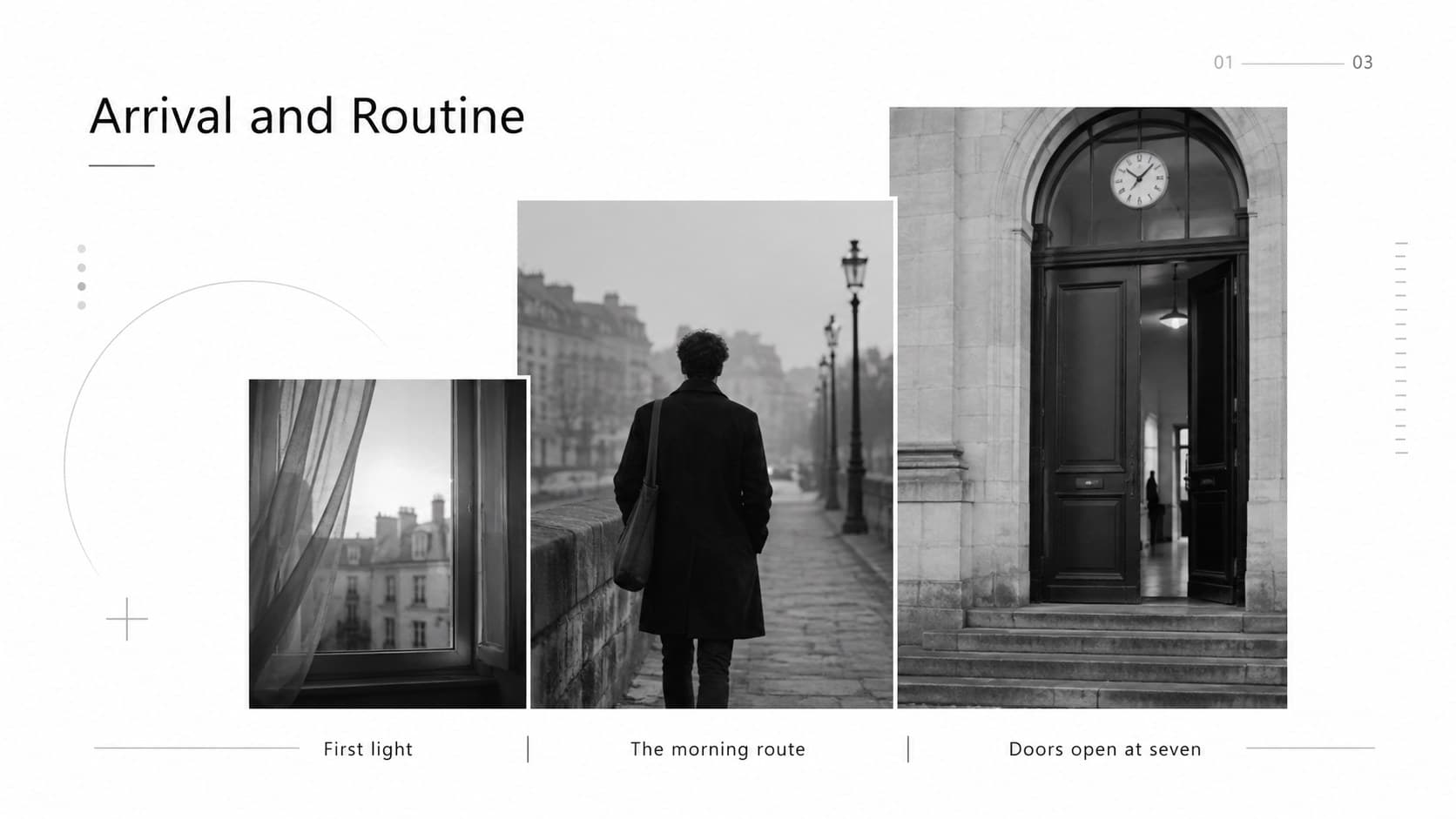 Black and white photo essay presentation slide arranging three documentary images into a clear narrative sequence.